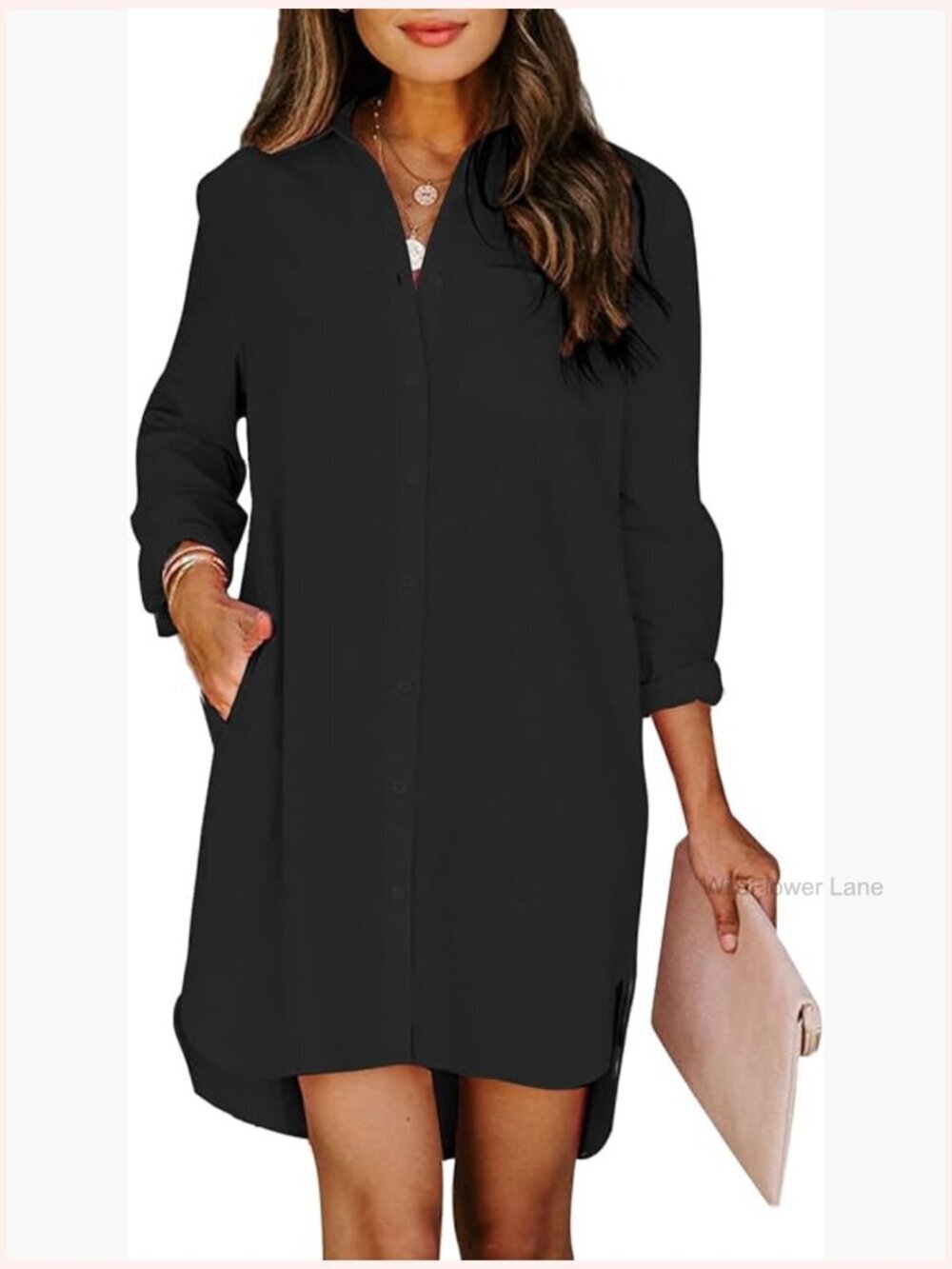 Button Down Tunic Dress with Pockets Cotton Long Sleeve